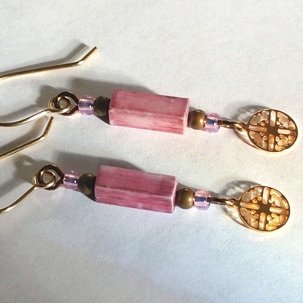 Pink Ceramic Rectangle Gold Circle Charm Earrings